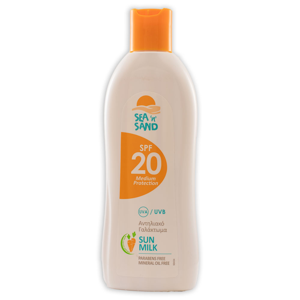 Sea ‘n’ Sand_antiliaki_losion_mesis_prostasias_me_ekxilisma_karotou_medium_Protection_Sunscreen_emulsion_SPF20_ carrot_200ml